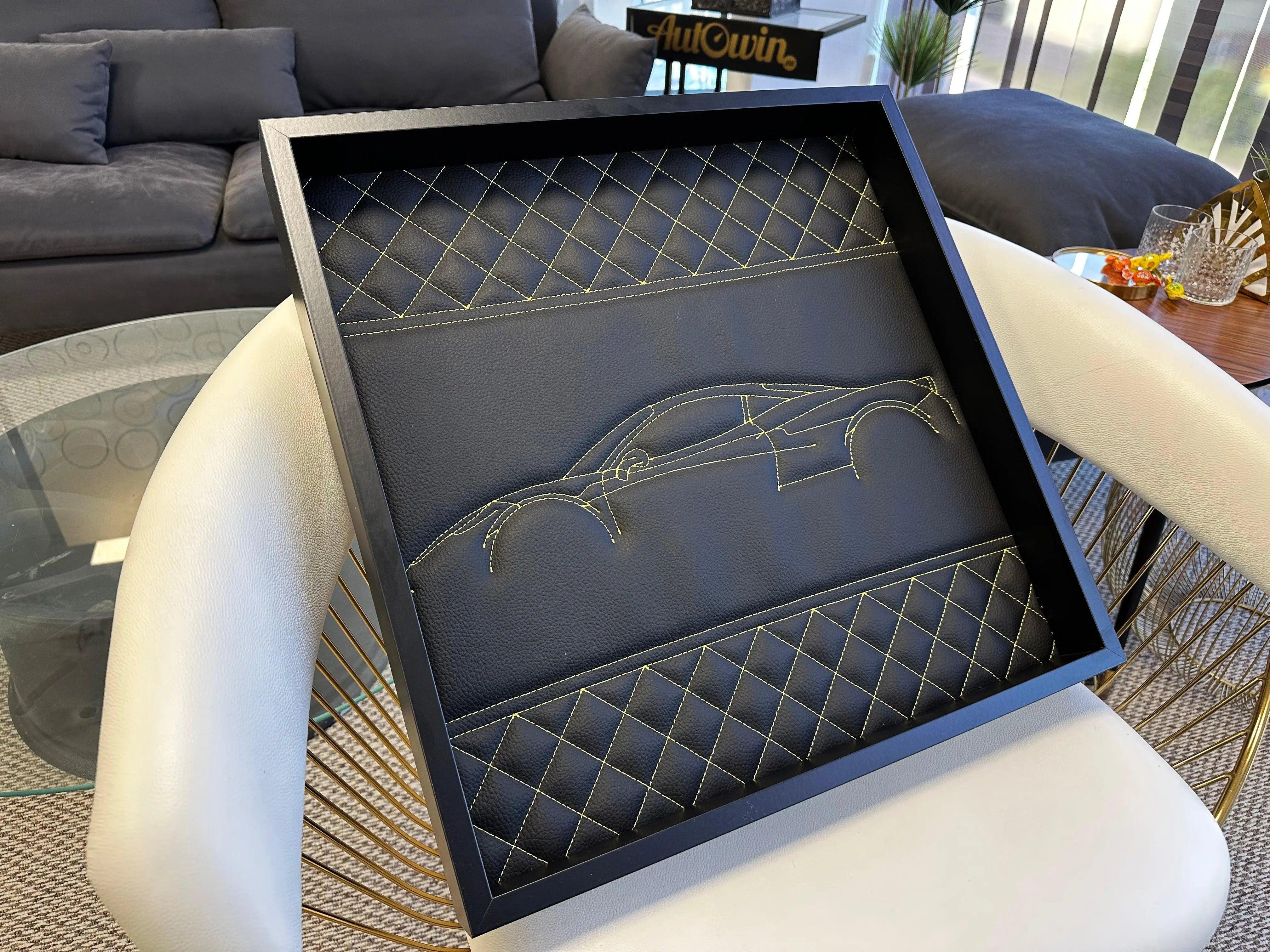 Black Leather Ferrari 488 Inspired Wall Art: Embroidered Yellow Stitch Luxury Decor - AutoWin